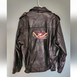 VTG Diamond Plate Buffalo Leather Motorcycle Jacket Cafe Racer Black Mens Large